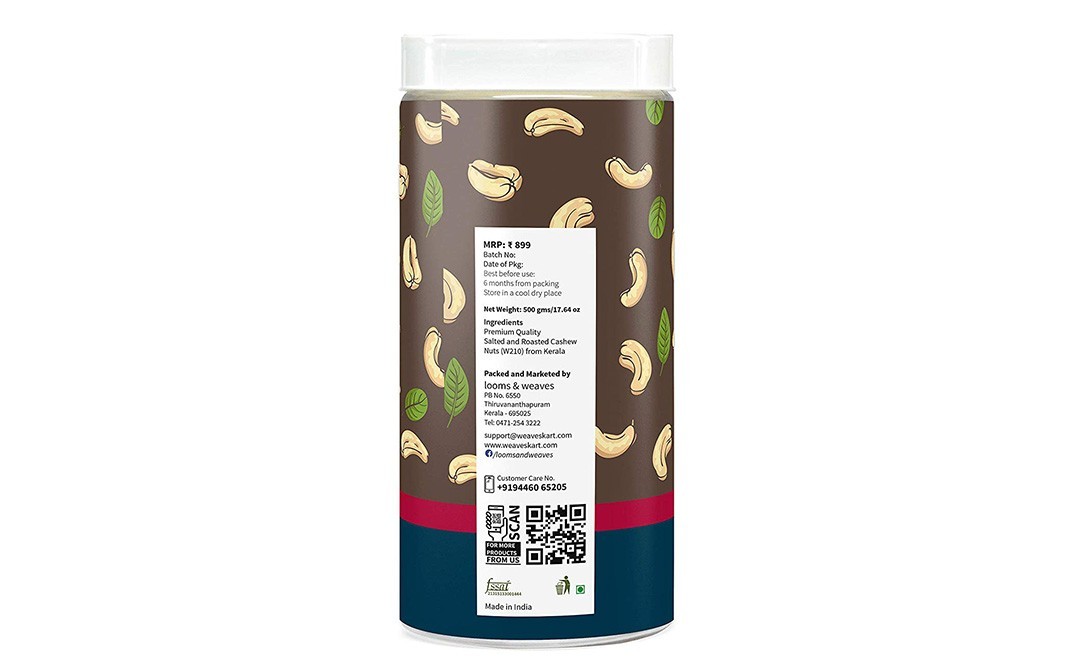 Looms & Weaves Kerala Cashew Nut, Salted & Roasted (W210)   Jar  500 grams